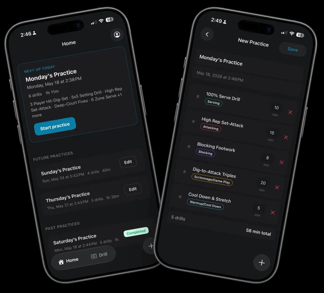 SoloCoach volleyball practice planner: home screen and live practice view