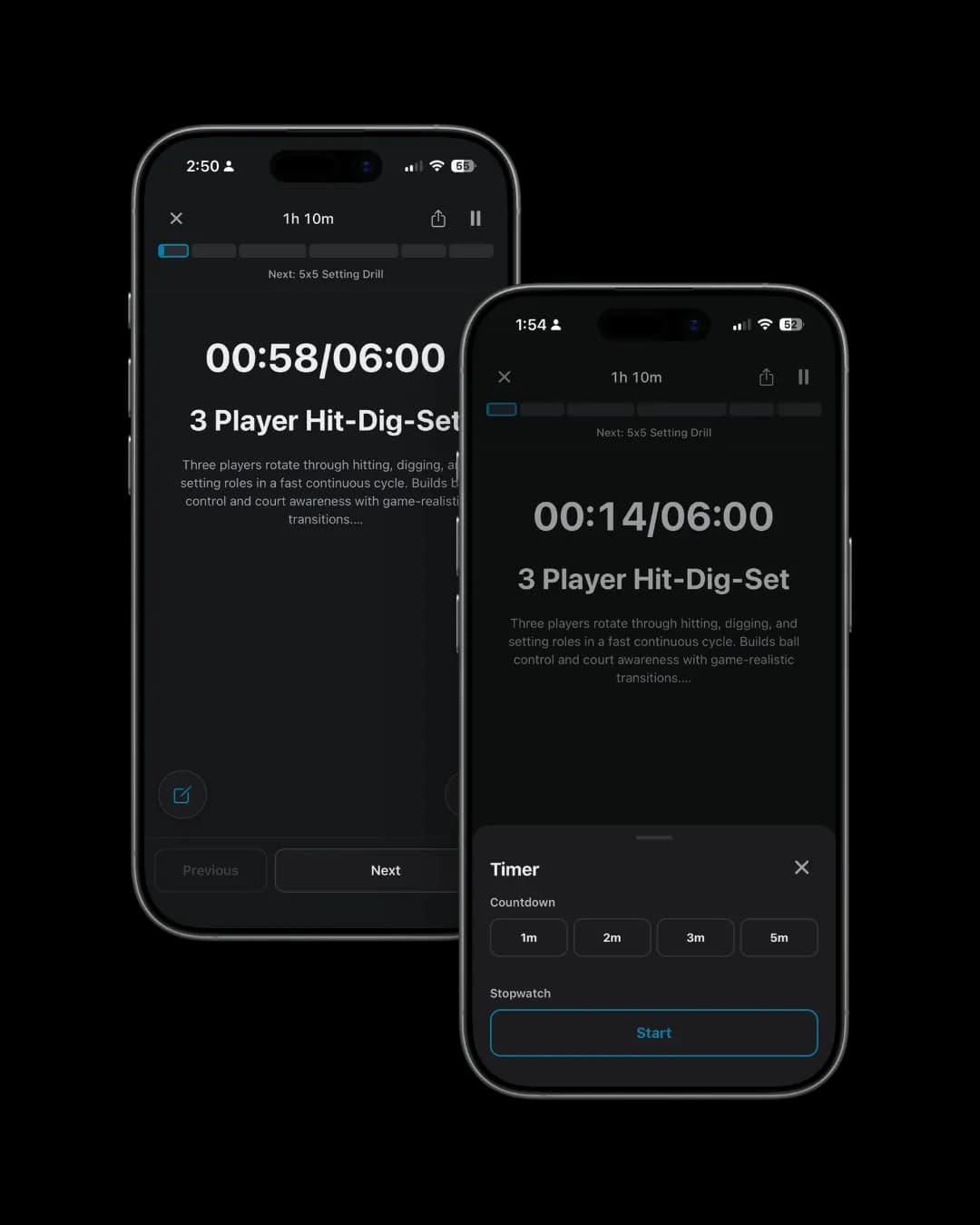 SoloCoach live run screen with countdown timer and next drill
