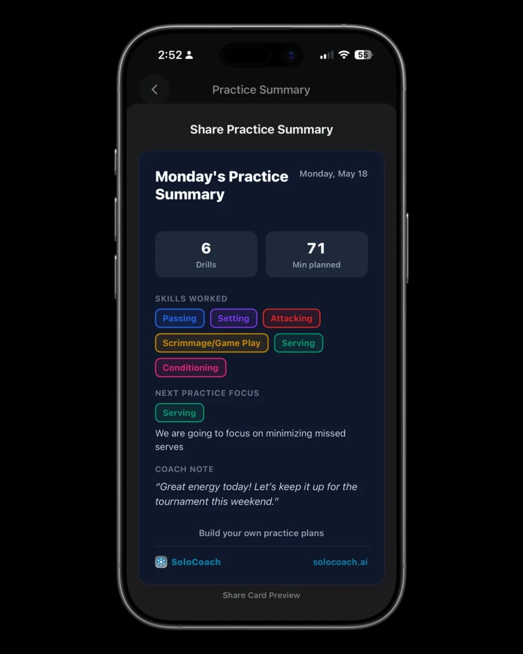 SoloCoach practice recap and share screens