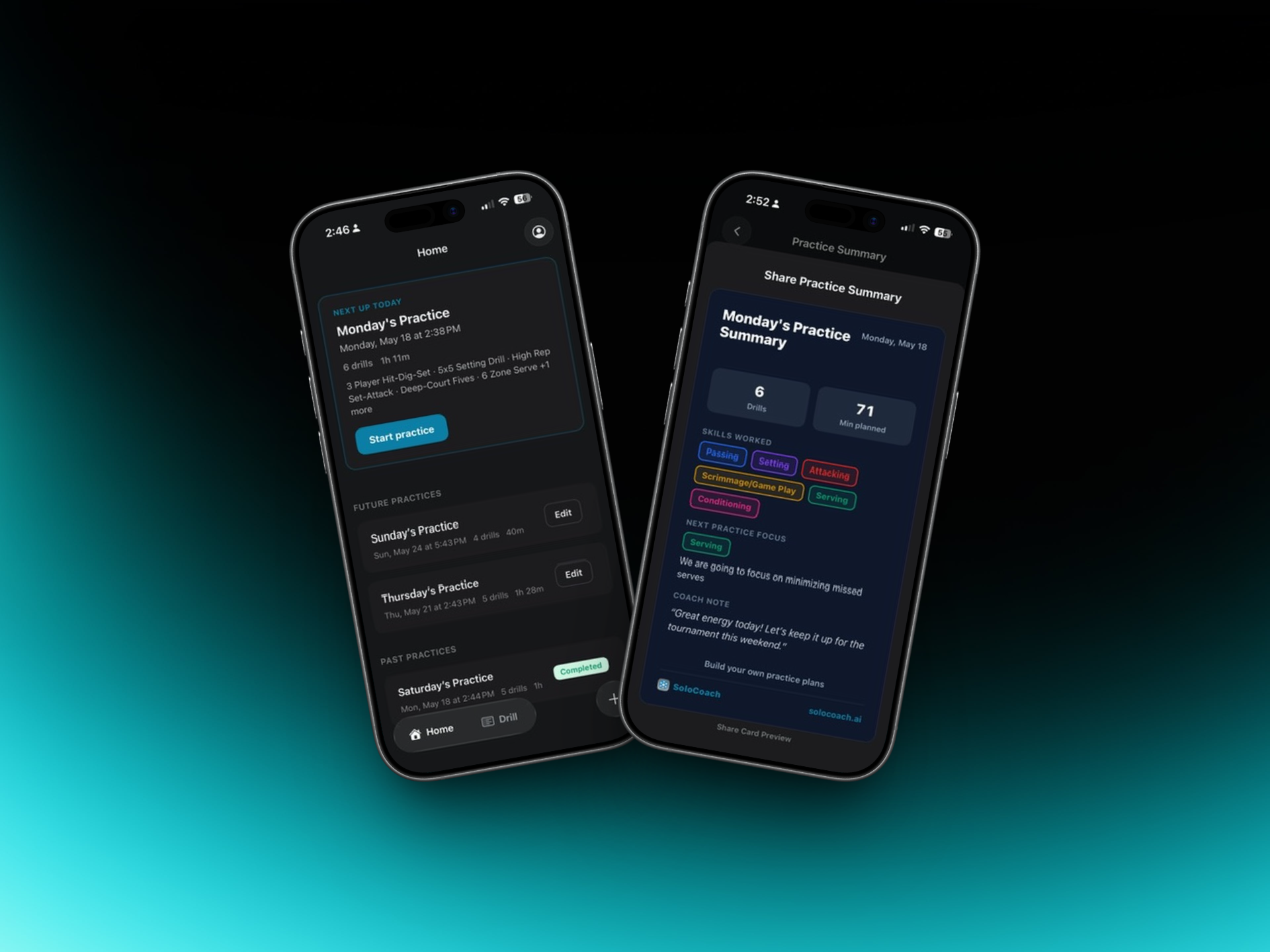 SoloCoach home screen with practice history and shareable recap