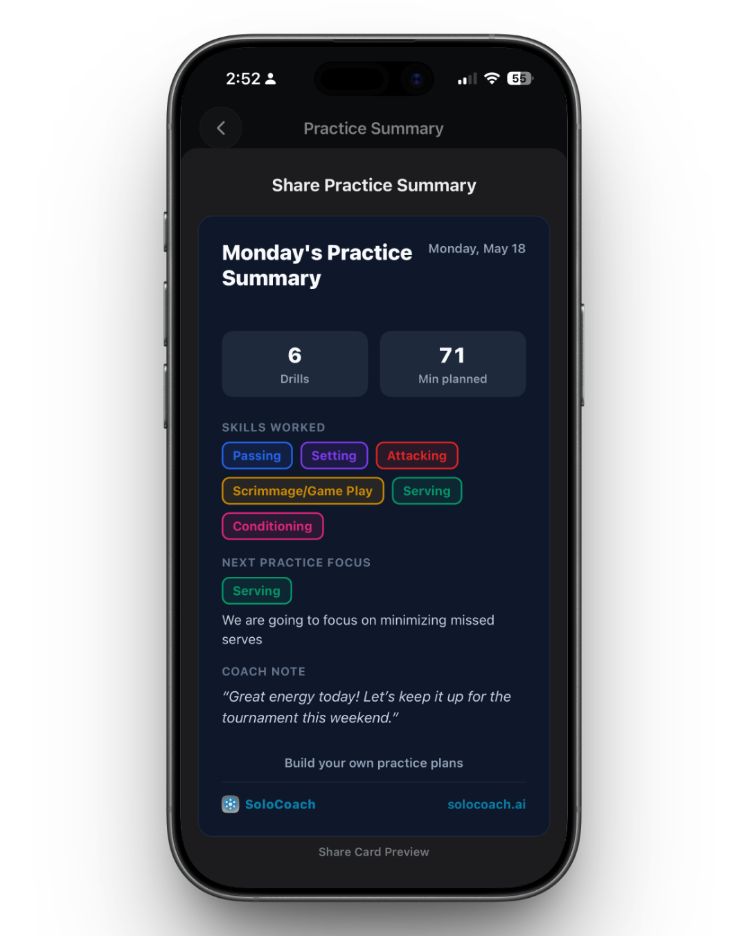 SoloCoach practice recap and share screens